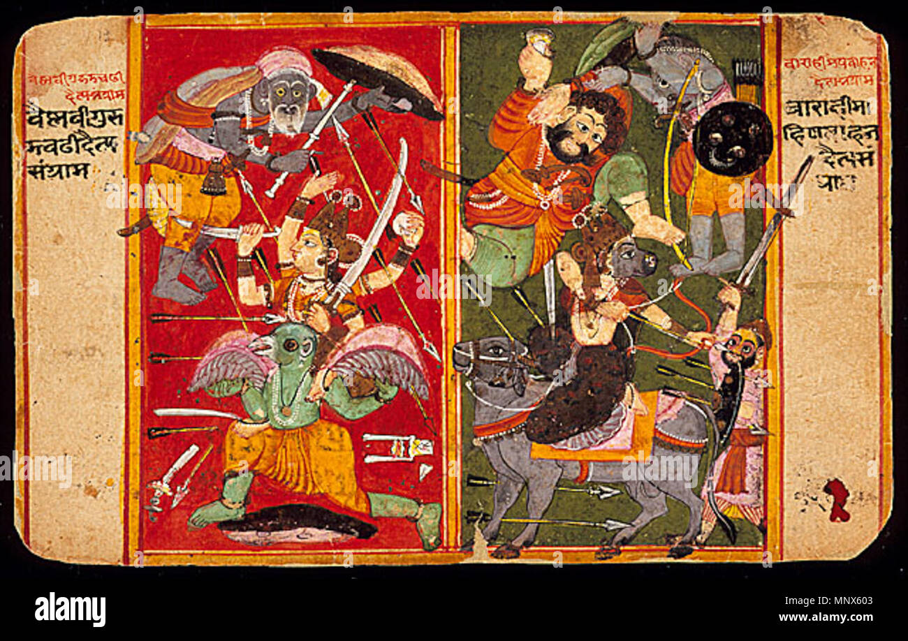 4X5 orig    . Vaishnavi and Varahi Fighting Asuras (Recto),Painting; Watercolor, Opaque watercolor and ink on paper, Image: 5 1/8 x 6 3/8 in. (13.01 x 16.19 cm); Sheet: 5 1/8 x 8 1/8 in. (13.01 x 20.63 cm) . between 1675 and 1700.   1225 Vashnavi varahi Stock Photo