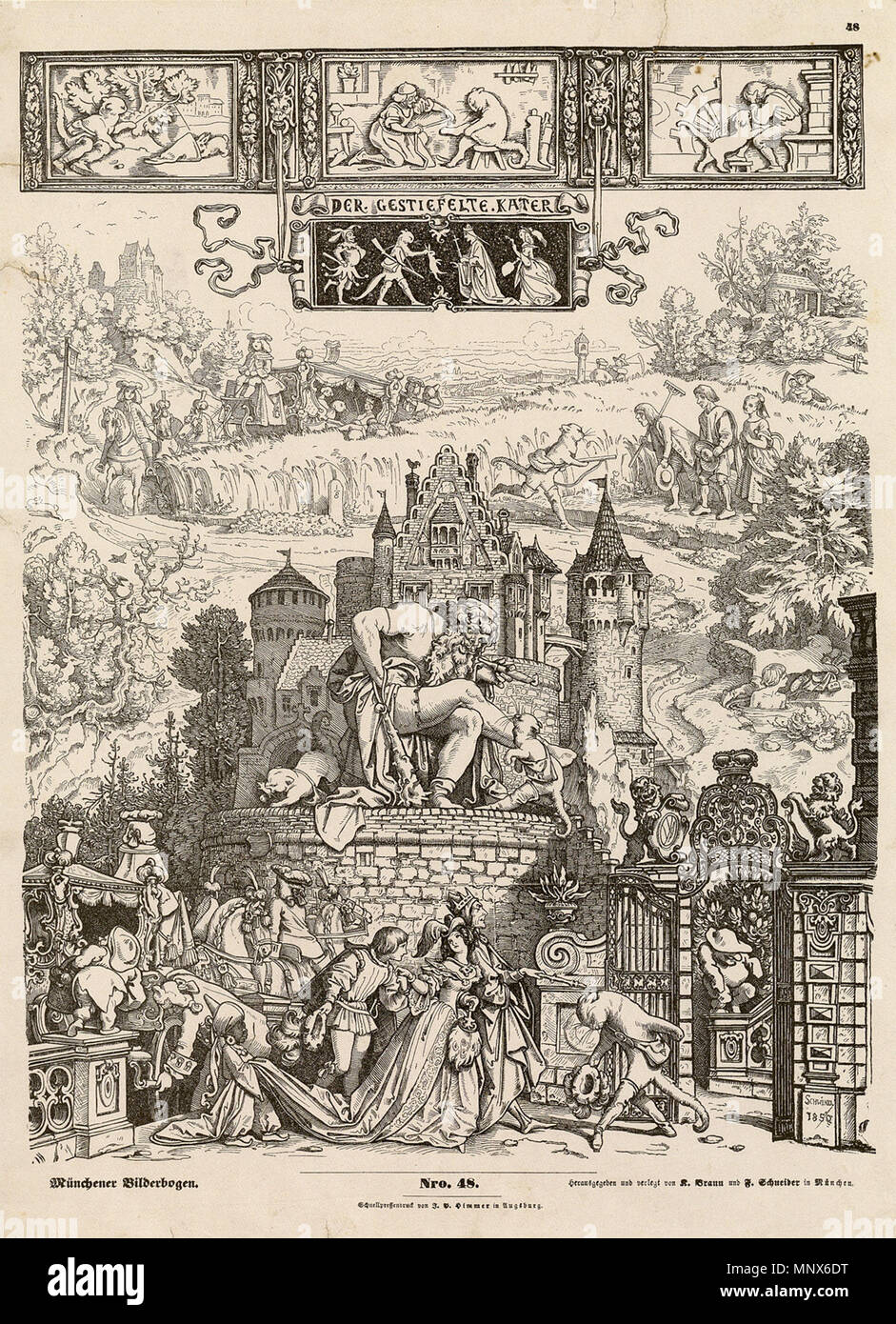 Puss in Boots. Fairy tale illustration . 1850.   1106 Schwind Moritz von Der gestiefelte Kater Stock Photo