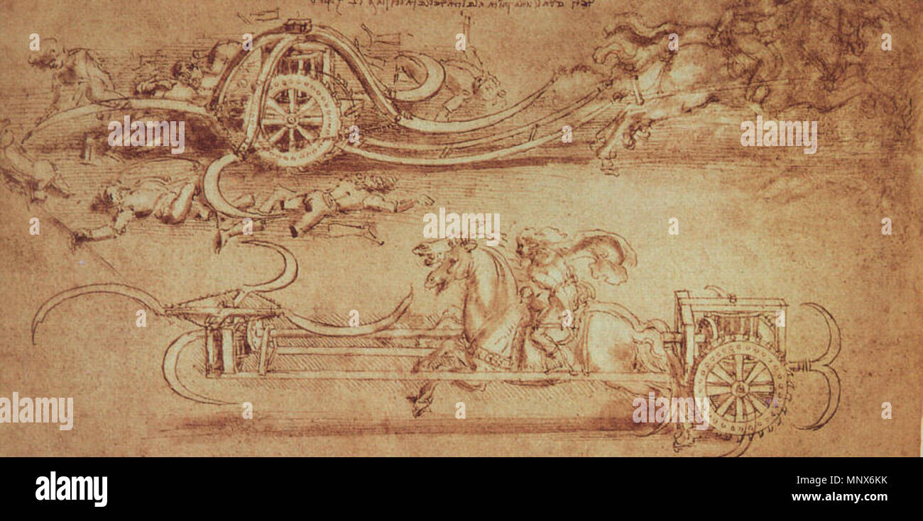 . Drawings of a scythed chariot by da Vinci. Held by the National Gallery, Turin, Italy. Unknown date.   Leonardo da Vinci  (1452–1519)       Alternative names Leonardo di ser Piero da Vinci, Leonardo  Description Italian painter, engineer, astronomer, philosopher, anatomist and mathematician  Date of birth/death 15 April 1452 2 May 1519  Location of birth/death Anchiano Clos Lucé  Work period from 1466 until 1519  Work location Florence (1466–1482), Milan (1483–1499), Mantua (1499), Venice (1500), Florence (1500–1506), Milan (1506–1513), Florence (1507–1508), Rome (1513–1516), Amboise (1513–1 Stock Photo