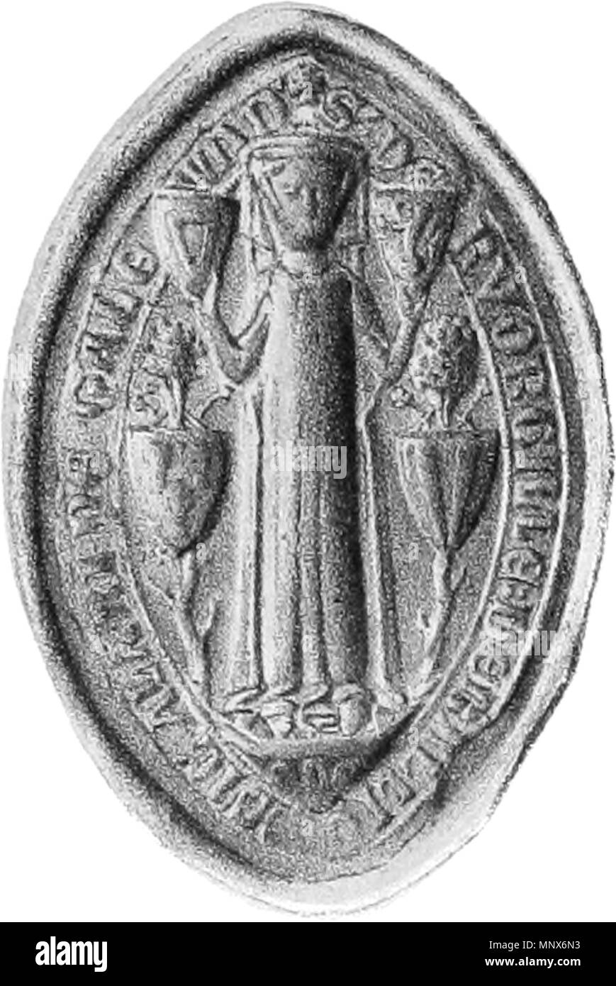 . English: Seal of Dervorguilla of Galloway. It is appended to the foundation charter of Balliol College, Oxford. The shields are, clockwise: Her personal arms as a daughter of the Lord of Galloway: azure, a lion rampant argent crowned or The arms of her stepmother Margaret of Huntingdon: or, three piles gules The arms of her mother, a daughter of Roger de Lacy, Constable of Chester: per pale gules and azure, three garbs or The arms of her husband John Balliol: gules, an orle argent  . The illustration dates no later than 1866, the year the book was published. The seal itself dates to the late Stock Photo