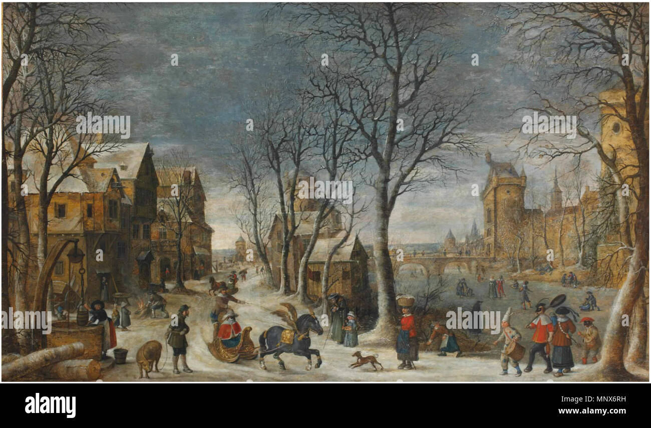 IAn Allegory of Winter: A winter landscape with townsfolk, masked gentlemen in horse-drawn sledges and skaters on a canal outside the city walls of Antwerp    .   1107 Sebastiaen Vrancx - An Allegory of Winter Stock Photo
