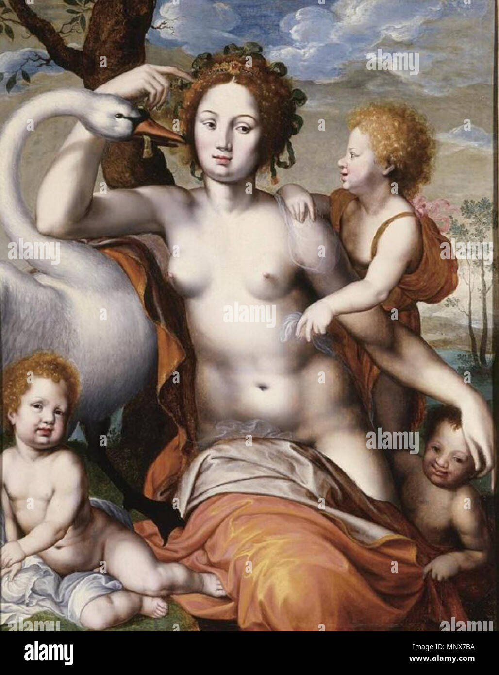 Leda and the Swan .  English: Leda with Swan and Children . circa 1540.   1110 Vincent Sellaer - Leda and the Swan - Seattle Art Museum Stock Photo