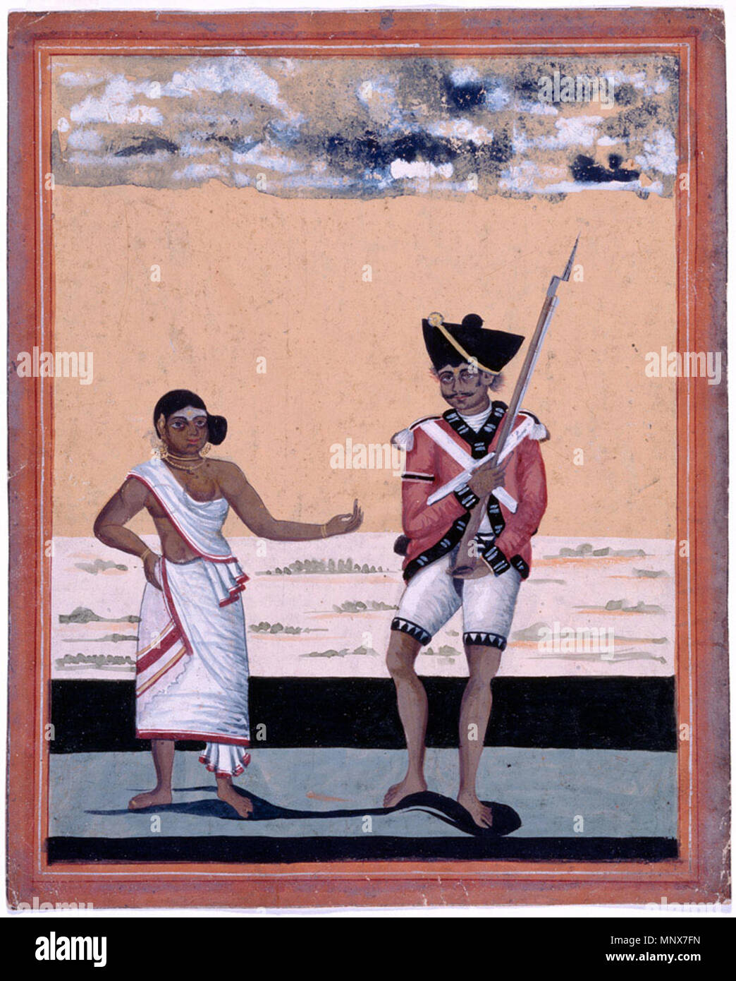 . English: Sepoy of Madras Native Infantry and his wife, Watercolour on European paper, by a Company artist, 1810. By 1810 there were 46 regiments of Madras Native Infantry in existence alongside three regiments of European infantry. The Madras Army also included nine cavalry regiments and three artillery units. The caste marks on this sepoy's face show that he is a Hindu. In 1806 the Madras Army offended both Hindu and Muslim soldiers when it banned the wearing of caste marks and required Muslim soldiers to shave their beards. The resulting mutiny at Vellore demonstrated that the East India C Stock Photo