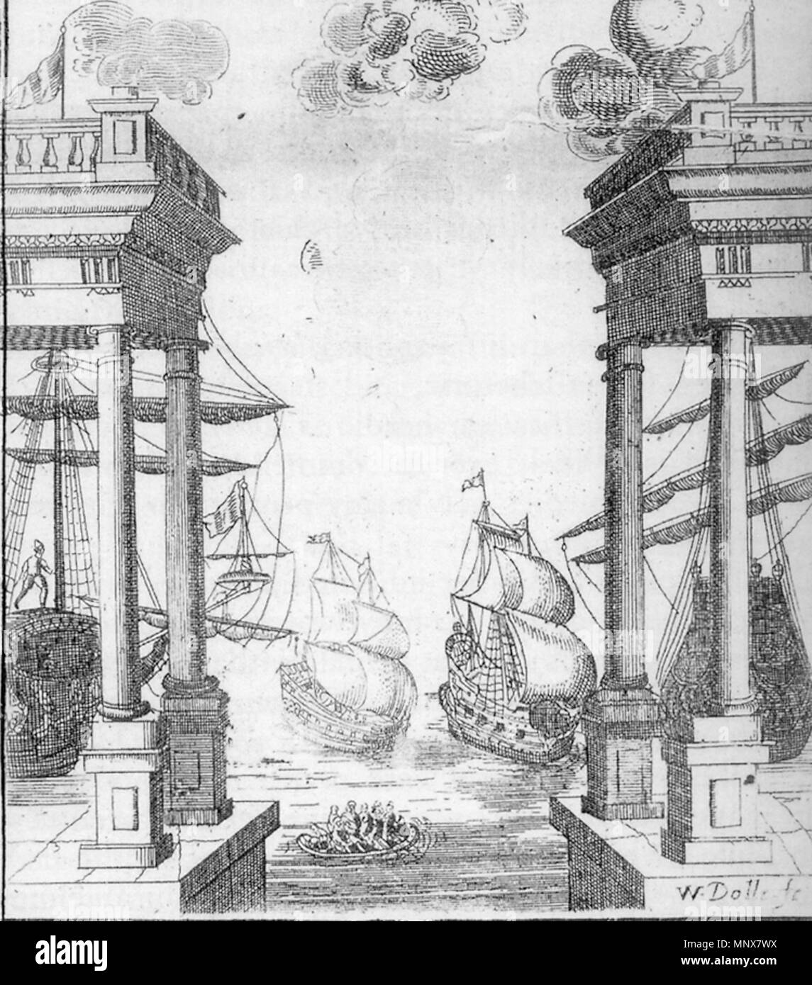 . English: Detail from the illustrated backdrop to Elkannah Settle's The Empress of Morocco (1673) at the Duke's Theatre, Dorset Garden, London. Plate facing page 8: engraving signed by William Dolle. . William Dolle 1113 Settle-Morocco-detail Stock Photo