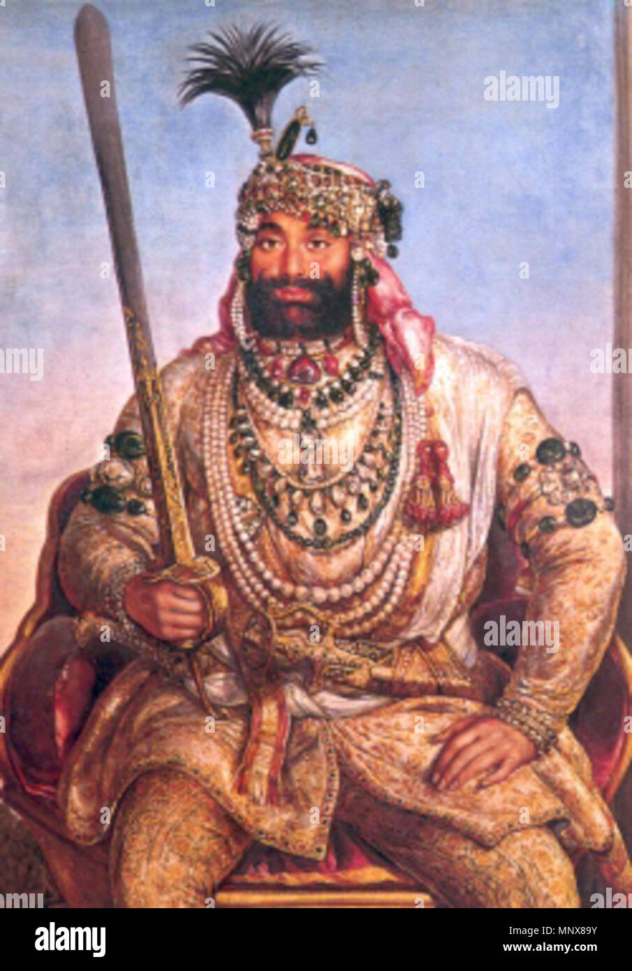 Maharaja Sher Singh seated on the golden throne of Maharaja Ranjit Singh.  English: Painting made in Vienna, from preliminary study made in Lahore 1841. . circa 1840's - 1855.    Ágoston Schoefft  (1809–1888)     Alternative names Josef August Schoefft  Description Austro-Hungarian painter  Date of birth/death 1809 1888  Location of birth/death Pest London  Work location India, Iran, London, Mexiko, United States of America  Authority control  : Q15525117 VIAF: 95868197 ISNI: 0000 0000 6893 3801 ULAN: 500030254 GND: 1031831878 RKD: 70831 1114 Sher Singh Stock Photo