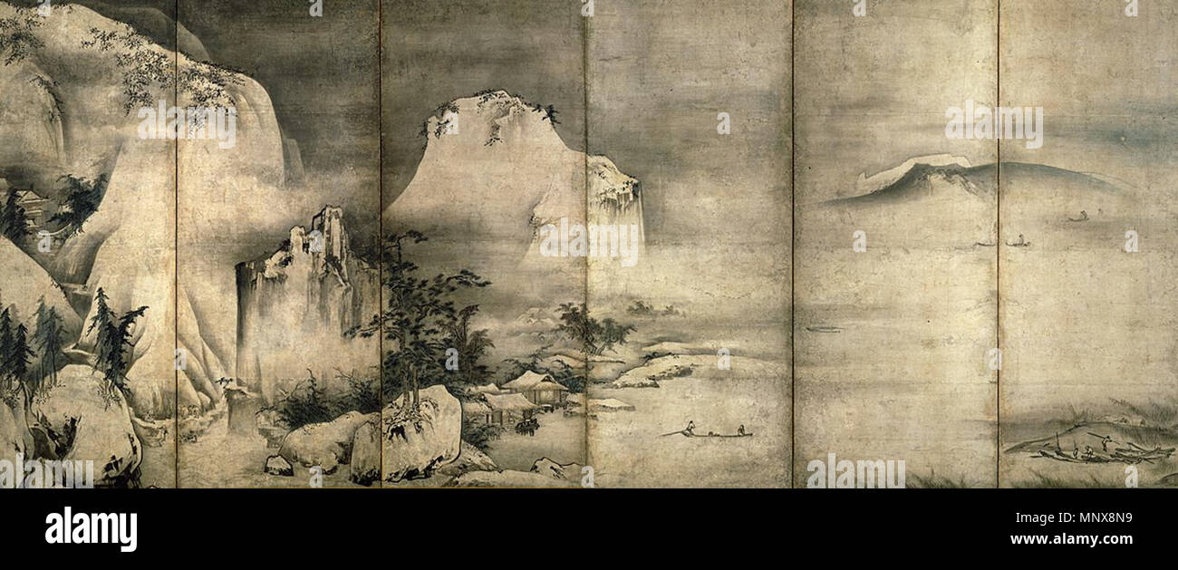 . English: Shubūn Tenshō: Landscape, XV, ink and color on paper, 150x355 cm. Tokyo National Museum . 12 January 2014, 19:32:07. Shubūn Tenshō (c.1445-50), 1116 SHUBUN Landscape-4-seasons-L Stock Photo
