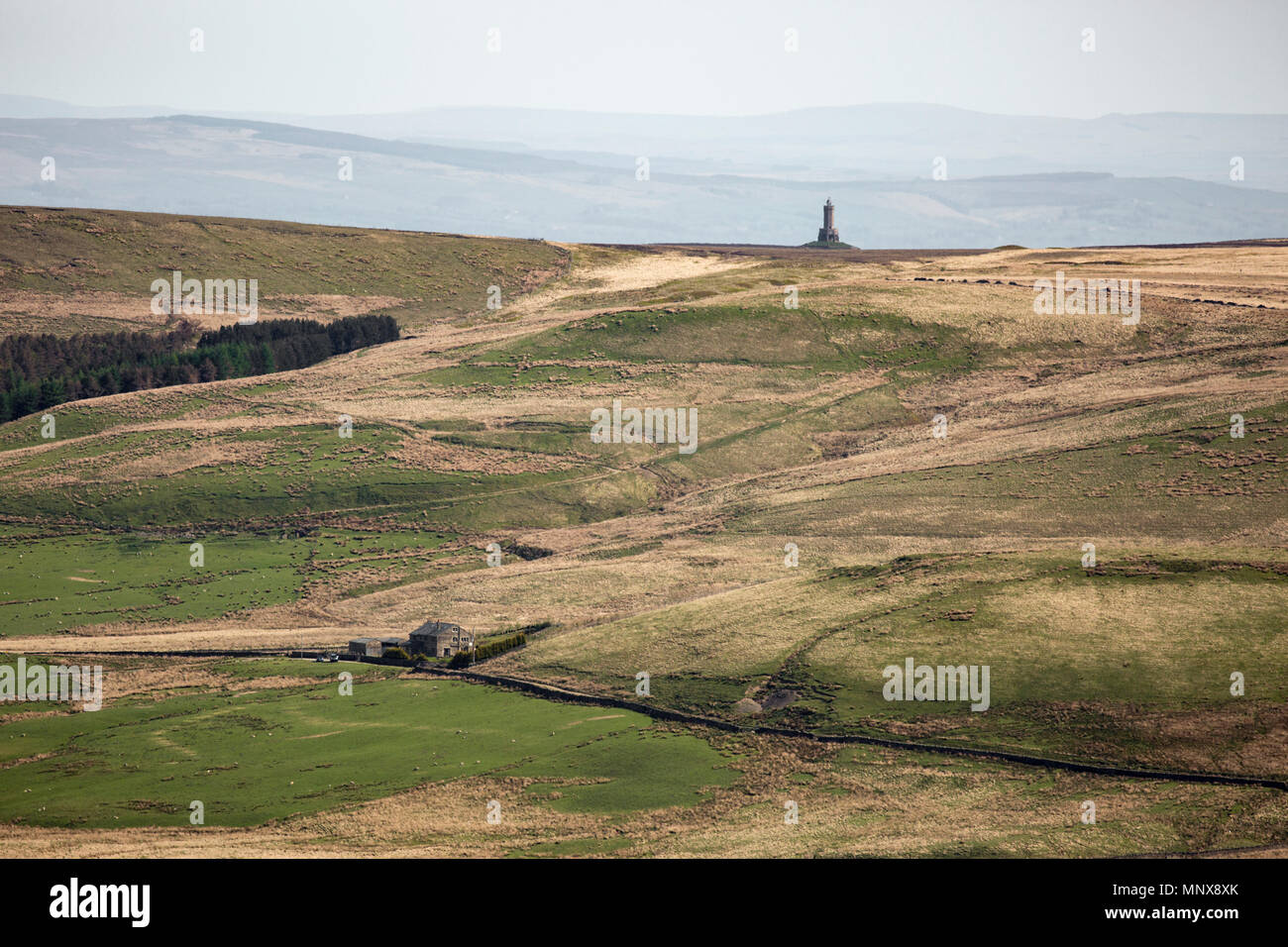 Darwen Tower (Jubilee Tower) and a view of the West Pennine Moors showing the emptiness and bleak beauty of the area. Stock Photo