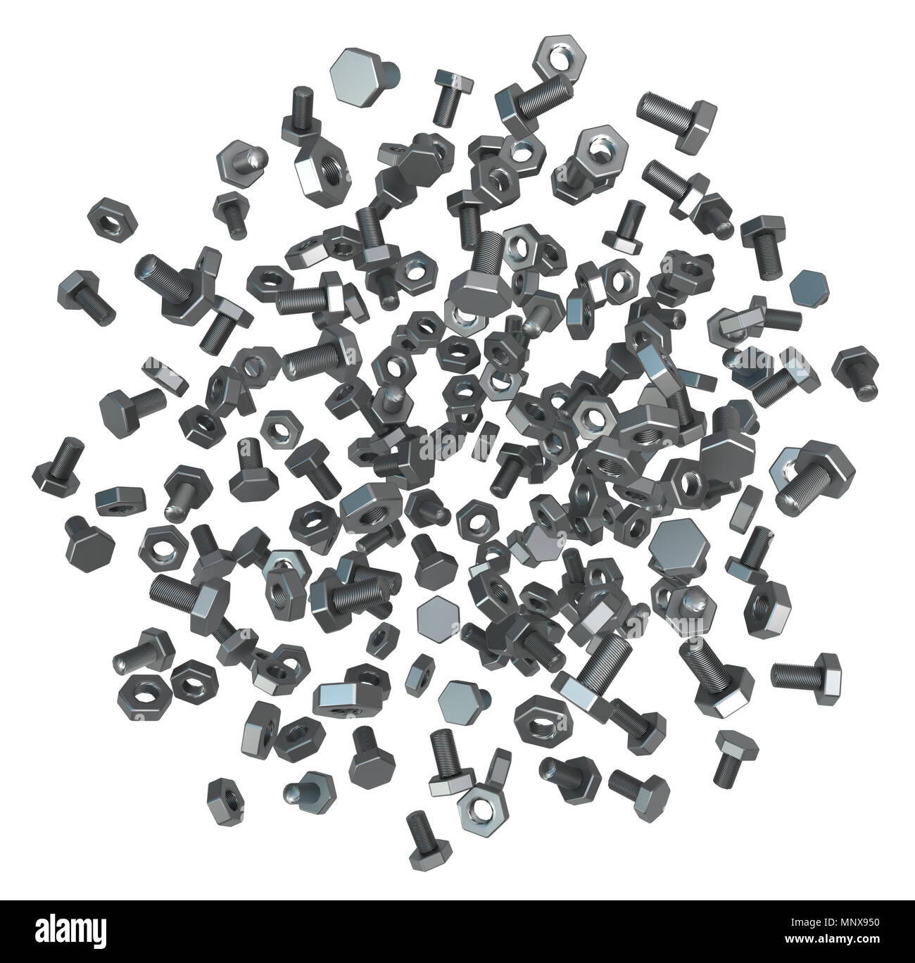 Nuts and bolts metal 3d illustration, isolated, horizontal, over white