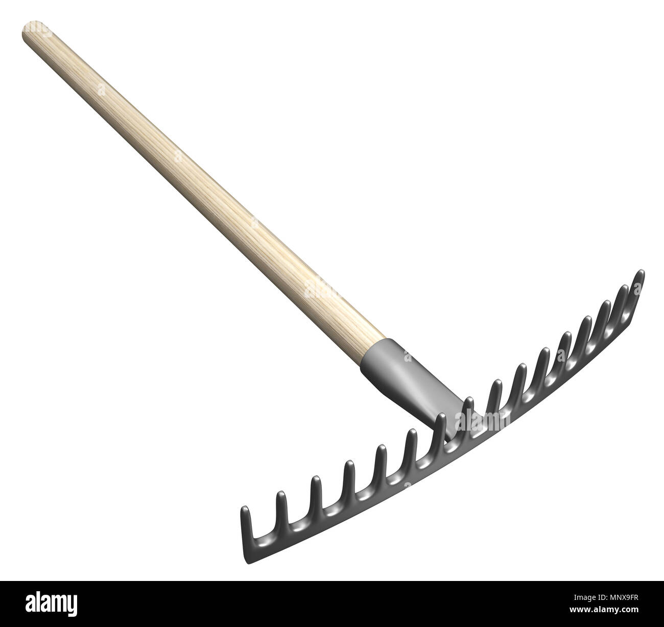 Metal rake garden tool 3d illustration, isolated, horizontal, over