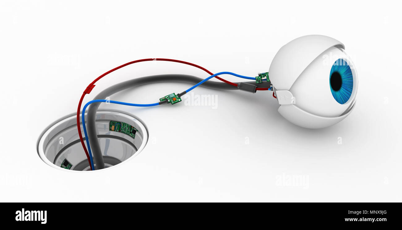 Robotic round eyeball white surface socket 3d illustration, horizontal Stock Photo