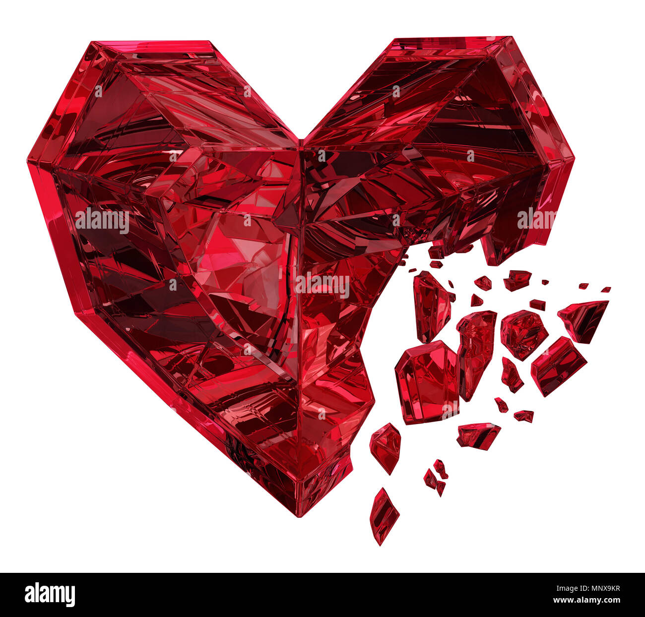 Color crystal jewel heart break red, over white, 3d illustration