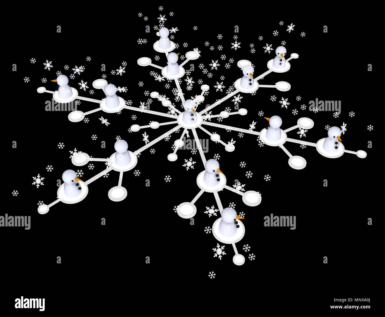 Group of small snowmen linked by lines, 3d illustration, isolated ...
