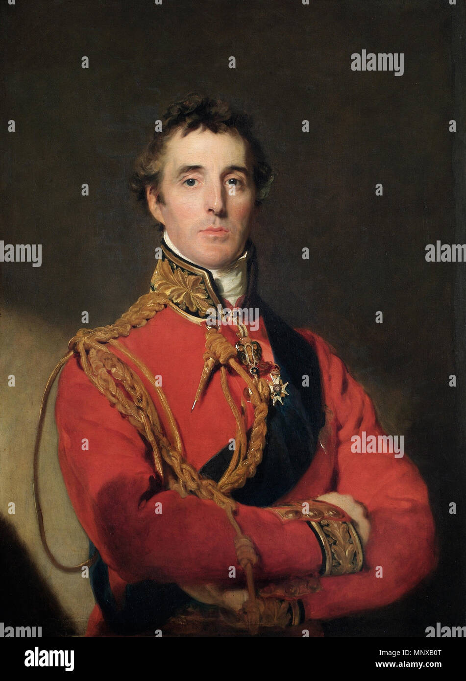 Arthur Wellesley, 1st Duke of Wellington (1769–1852) . The Duke of Wellington is standing at half-length, wearing Field Marshal’s uniform, with the Garter star and sash, the badge of the Golden Fleece, and a special badge ordered by the Prince Regent to be worn from 1815 by Knights Grand Cross of the Military Division of the Order of the Bath who were also Knights Companion of the Order of the Garter. circa 1815–16.   1124 Sir Arthur Wellesley, 1st Duke of Wellington Stock Photo