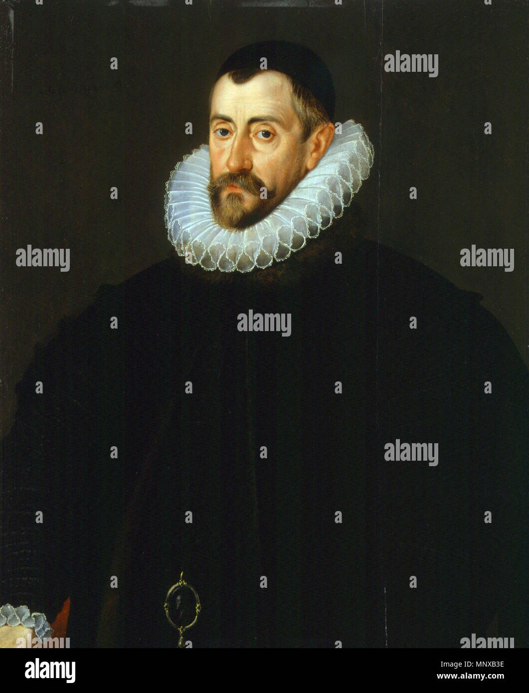 Sir Francis Walsingham . Depiction of Sir Francis Walsingham, principal secretary to Elizabeth I, Queen of England. More commonly known as her spymaster. He uncovered the plots of Francis Throckmorton and Anthony Babington. The discovery of the latter led to the execution of Mary, Queen of Scots. Walsingham died in 1590. circa 1585.   1124 Sir Francis Walsingham by John De Critz the Elder Stock Photo