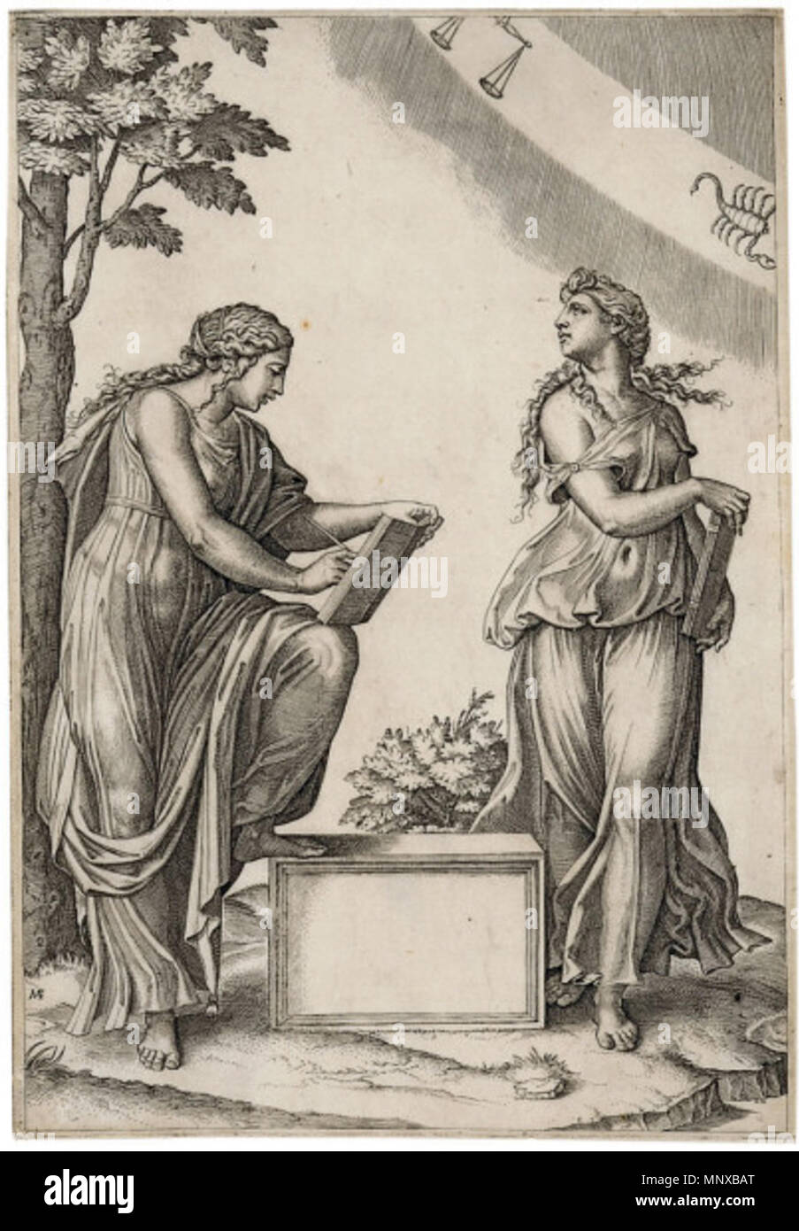 . Two Women with the Signs of Libra and Scorpio. Engraving, only state; sheet (trimmed): 11 5/8 x 8 in. (29.5 x 20.3 cm). between 1517 and 1520.   Marcantonio Raimondi  (1480–1534)     Description Italian engraver and printmaker  Date of birth/death circa 1474 circa 1534  Location of birth/death Agini (?) Bologna (?)  Authority control  : Q728375 VIAF: 86615512 ISNI: 0000 0001 2053 1595 ULAN: 500030773 LCCN: n82045036 WGA: RAIMONDI, Marcantonio WorldCat 853 Marcantonio Raimondi - Two Women with the Signs of Libra and Scorpio Stock Photo