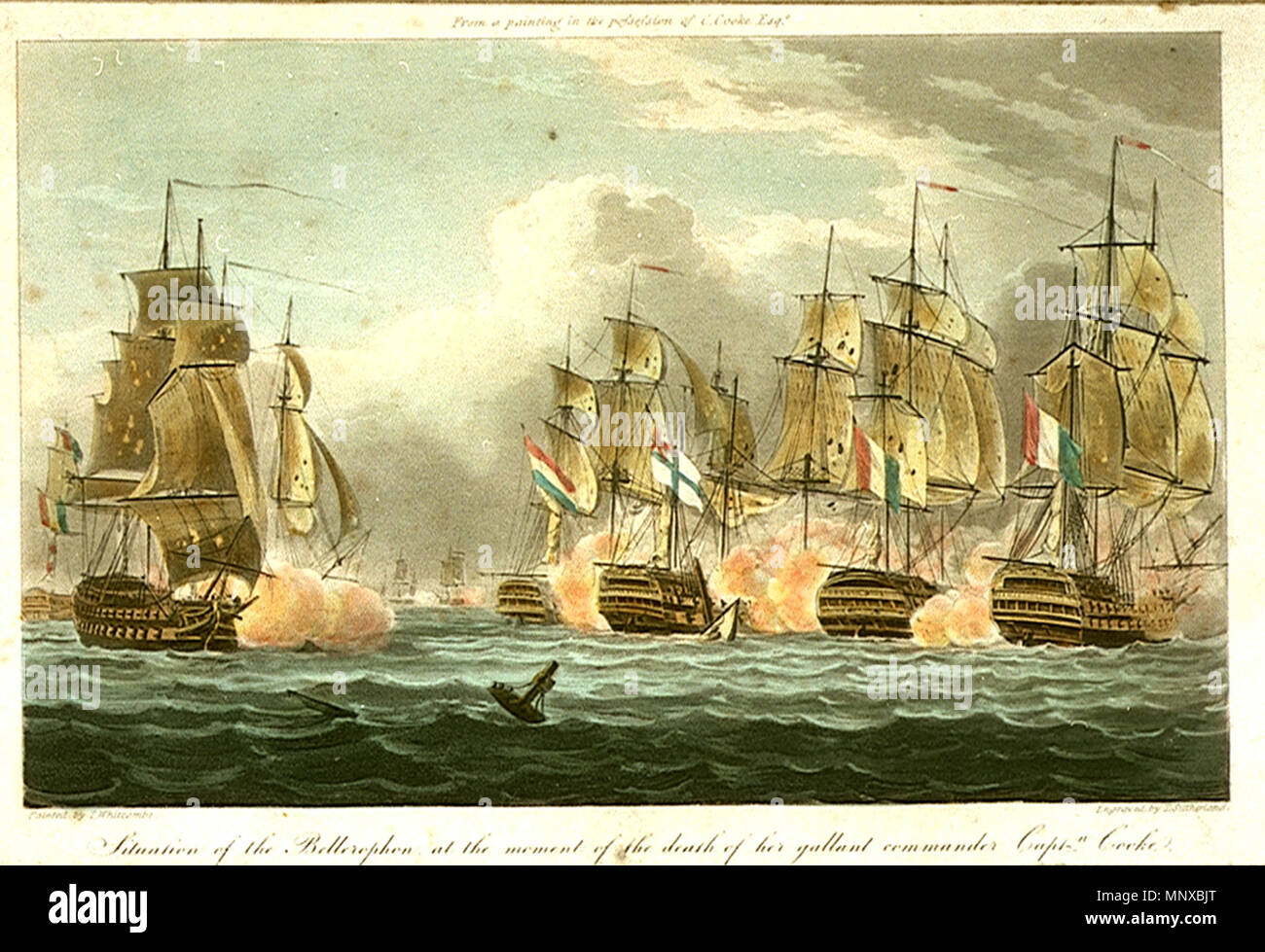 . English: HMS Bellerophon during the Battle of Trafalgar, on 21 October 1805. Whitcombe purports to show her at the moment when her captain, John Cooke, was killed, at roughly 1.11 pm. circa 1805.   Thomas Whitcombe  (1763–1824)    Description British painter  Date of birth/death circa 19 May 1763 circa 1824  Location of birth/death London unknown  Work location Bristol, Wales, Devon, Plymouth, etc.  Authority control  : Q2676635 VIAF: 94399385 ULAN: 500004894 LCCN: no2009013481 NLA: 36161020 WGA: WHITCOMBE, Thomas WorldCat 1126 Situation of the Bellerophon at the moment of the death of her g Stock Photo