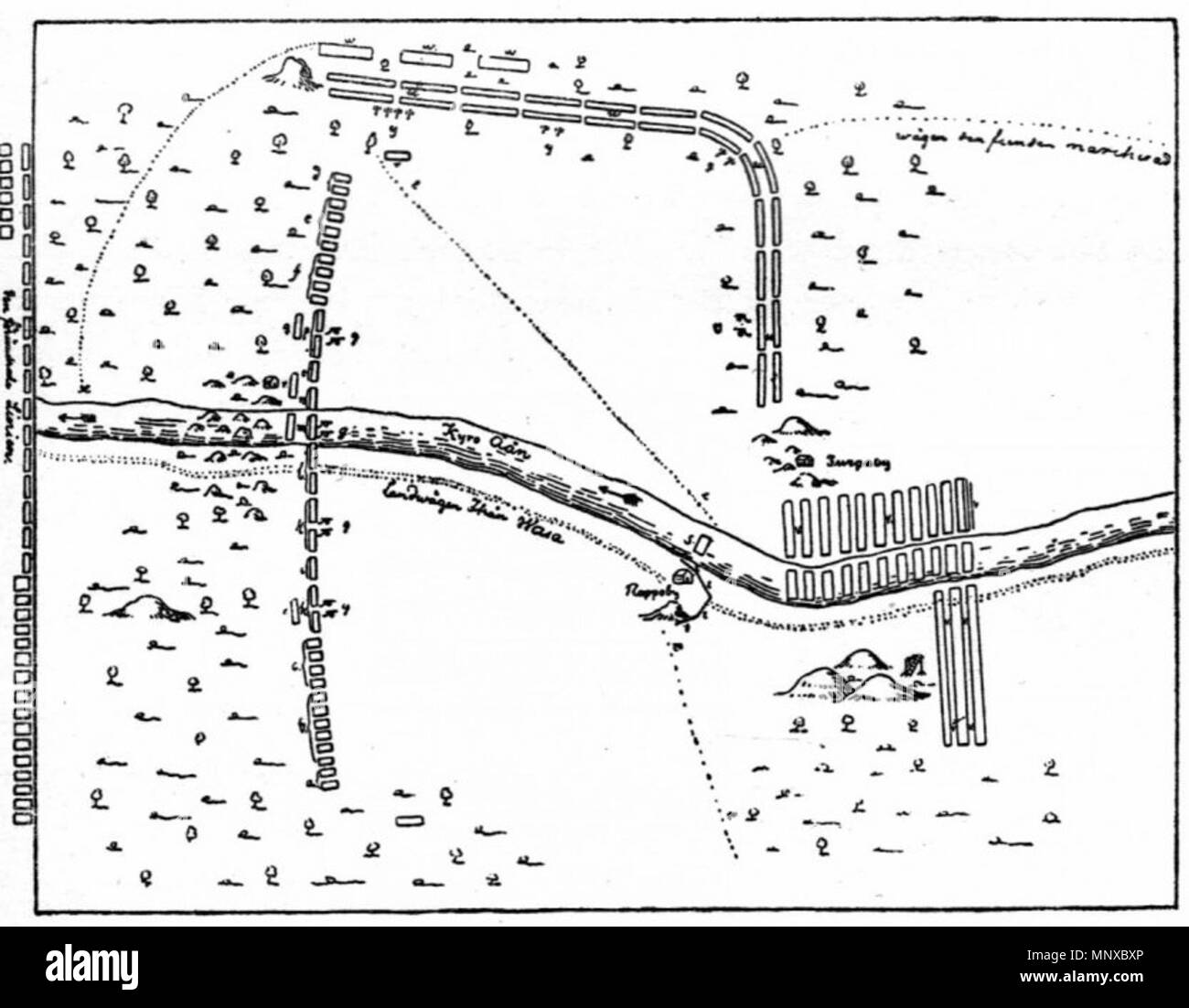 . English: This is general Armfeldt's own sketch of the battle at Storkyro. The Kyrönjoki (River of Storkyro) goes horisontally over the map, and immediately below is the road to Vasa. There is no north-south-arrow on the map, but the Kyrönjoki flows in northwest direction. Close to the middle of the map, between the river and the road, Armfeldt has placed Napo village. The Finnish army is grouped in the left part of the map, with the cavalry on the flanks and the infantry in the center. The main battle was fought on the fields north of the river, where Golitsyn, after a flanking move through  Stock Photo