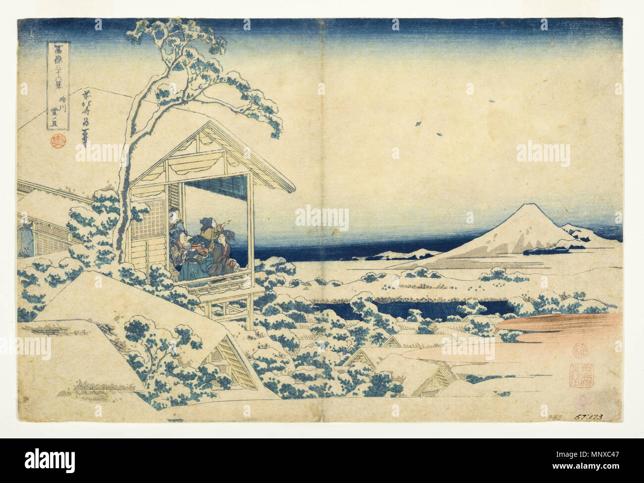 . English: Accession Number: 1957.173 Display Artist: Katsushika Hokusai Display Title: Snowy Morning at Koishikawa Series Title: Thirty-six Views of Mount Fuji Suite Name: Fugaku sanjurokkei Creation Date: ca. 1831-1834 Height: 9 3/4 in. Width: 14 1/2 in. Display Dimensions: 9 3/4 in. x 14 1/2 in. (24.77 cm x 36.83 cm) Publisher: Nishimuraya Yohachi Credit Line: Bequest of Mrs. Cora Timken Burnett Label Copy: 'The subdued palette and nostalgic landscape scenes of the artist Kiyochika catered more to a western market interested in acquiring scenes of Japan similar to works by Hiroshige (179818 Stock Photo