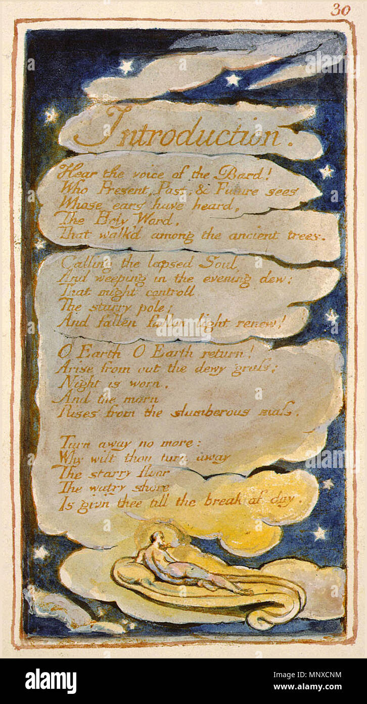 . English: Songs of Innocence and of Experience, copy AA, 1826 (The Fitzwilliam Museum) - SE -Intro . 12 October 2013, 09:12:15.   William Blake  (1757–1827)       Alternative names W. Blake; Uil'iam Bleik  Description British painter, poet, writer, theologian, collector and engraver  Date of birth/death 28 November 1757 12 August 1827  Location of birth/death Broadwick Street Charing Cross  Work location London  Authority control  : Q41513 VIAF: 54144439 ISNI: 0000 0001 2096 135X ULAN: 500012489 LCCN: n78095331 NLA: 35019221 WorldCat 1131 Songs of Innocence and of Experience, copy AA, 1826 (T Stock Photo