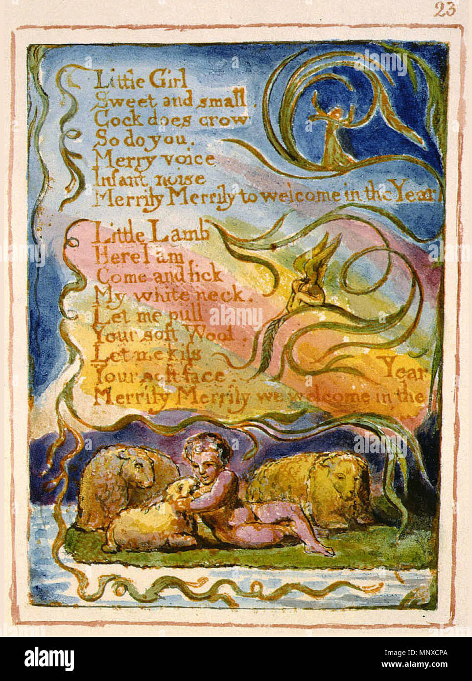 . English: Songs of Innocence and of Experience, copy AA, 1826 (The Fitzwilliam Museum) object 23 Spring . 27 January 2014, 20:18:28.   William Blake  (1757–1827)       Alternative names W. Blake; Uil'iam Bleik  Description British painter, poet, writer, theologian, collector and engraver  Date of birth/death 28 November 1757 12 August 1827  Location of birth/death Broadwick Street Charing Cross  Work location London  Authority control  : Q41513 VIAF: 54144439 ISNI: 0000 0001 2096 135X ULAN: 500012489 LCCN: n78095331 NLA: 35019221 WorldCat    Category:William Blake 1131 Songs of Innocence and  Stock Photo