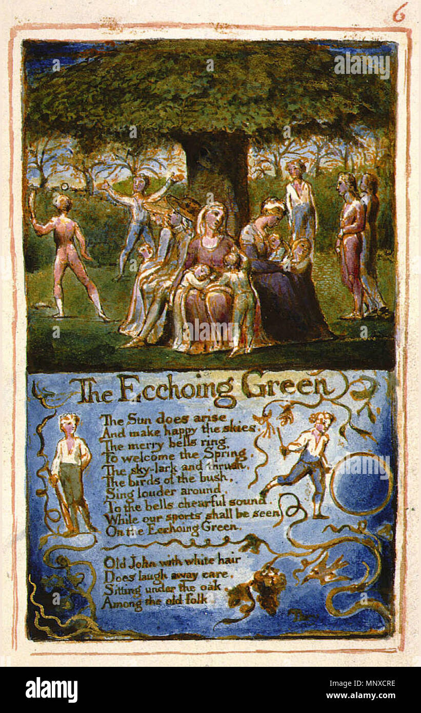 .  English: Songs of Innocence and of Experience, copy AA, 1826 (The Fitzwilliam Museum) object 6 (The Echoing Green) . 1826.    William Blake  (1757–1827)       Alternative names W. Blake; Uil'iam Bleik  Description British painter, poet, writer, theologian, collector and engraver  Date of birth/death 28 November 1757 12 August 1827  Location of birth/death Broadwick Street Charing Cross  Work location London  Authority control  : Q41513 VIAF: 54144439 ISNI: 0000 0001 2096 135X ULAN: 500012489 LCCN: n78095331 NLA: 35019221 WorldCat 1132 Songs of Innocence and of Experience, copy AA, 1826 (The Stock Photo