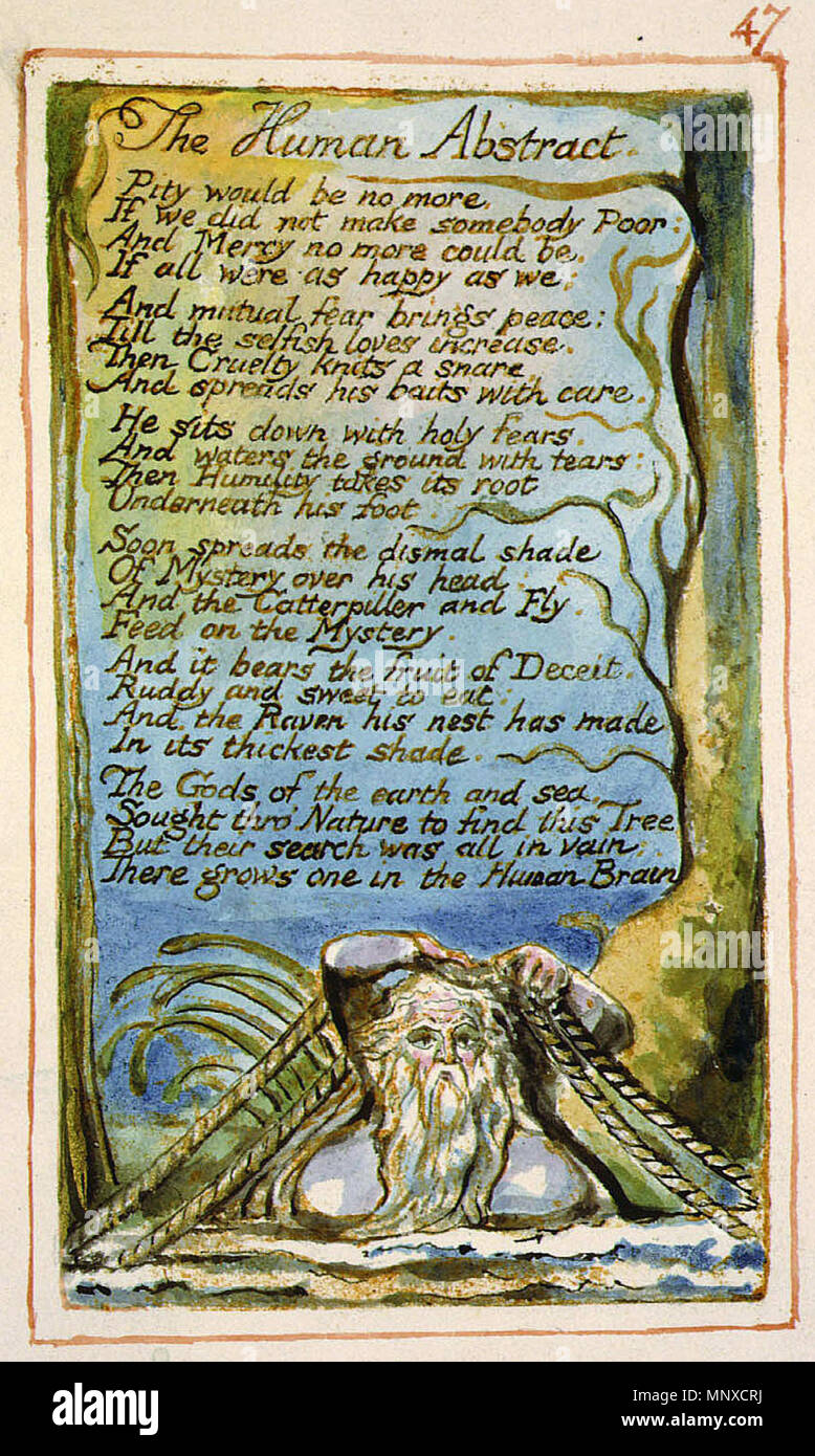 .  English: Songs of Innocence and of Experience, copy AA, 1826 (The Fitzwilliam Museum) The Human Abstract . 9 October 2013, 08:09:56.    William Blake  (1757–1827)       Alternative names W. Blake; Uil'iam Bleik  Description British painter, poet, writer, theologian, collector and engraver  Date of birth/death 28 November 1757 12 August 1827  Location of birth/death Broadwick Street Charing Cross  Work location London  Authority control  : Q41513 VIAF: 54144439 ISNI: 0000 0001 2096 135X ULAN: 500012489 LCCN: n78095331 NLA: 35019221 WorldCat 1132 Songs of Innocence and of Experience, copy AA, Stock Photo