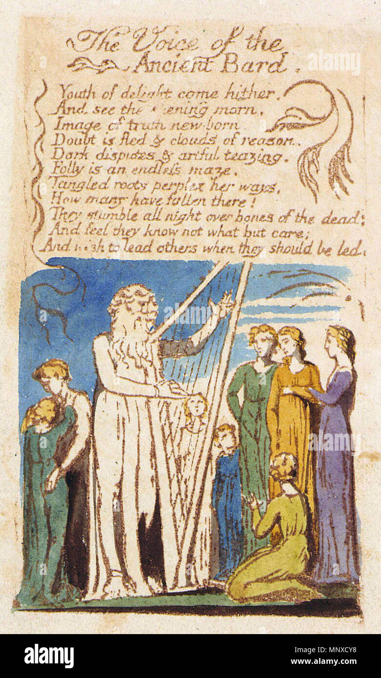 . English: Songs of Innocence, copy B, 1789, object 13, The Voice of the Ancient Bard (Library of Congress) . 13 October 2013, 13:45:52.   William Blake  (1757–1827)       Alternative names W. Blake; Uil'iam Bleik  Description British painter, poet, writer, theologian, collector and engraver  Date of birth/death 28 November 1757 12 August 1827  Location of birth/death Broadwick Street Charing Cross  Work location London  Authority control  : Q41513 VIAF: 54144439 ISNI: 0000 0001 2096 135X ULAN: 500012489 LCCN: n78095331 NLA: 35019221 WorldCat 1132 Songs of Innocence, copy B, 1789, object 13, T Stock Photo