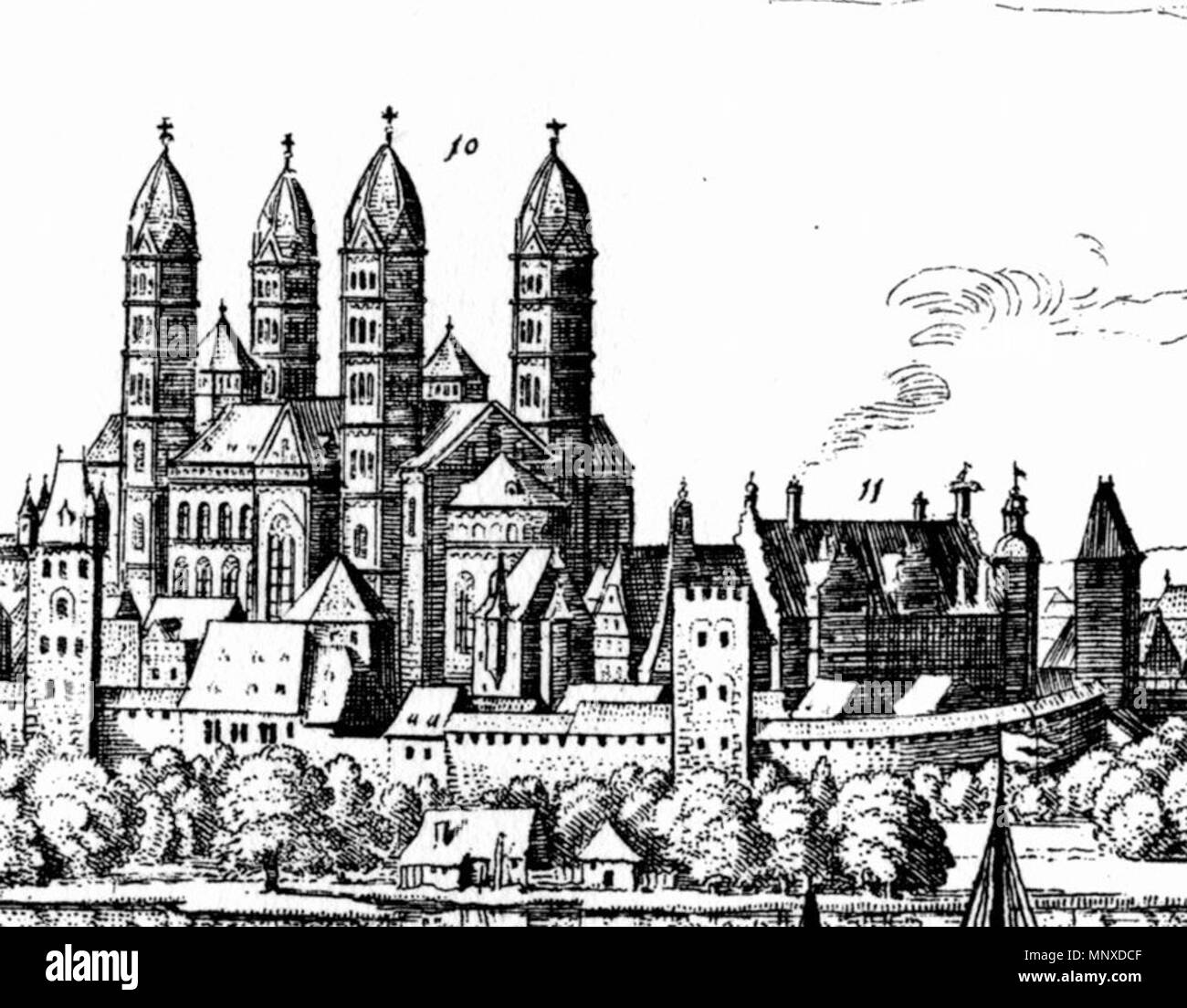 . Speyer, Dom und Bischofspfalz (mit Nr. 11 bezeichnet), nach Matthäus Merian dem Älteren . 1637. Matthäus Merian der Ältere 1134 Speyer Dom und Bischofspfalz nach Merian 1637 Stock Photo