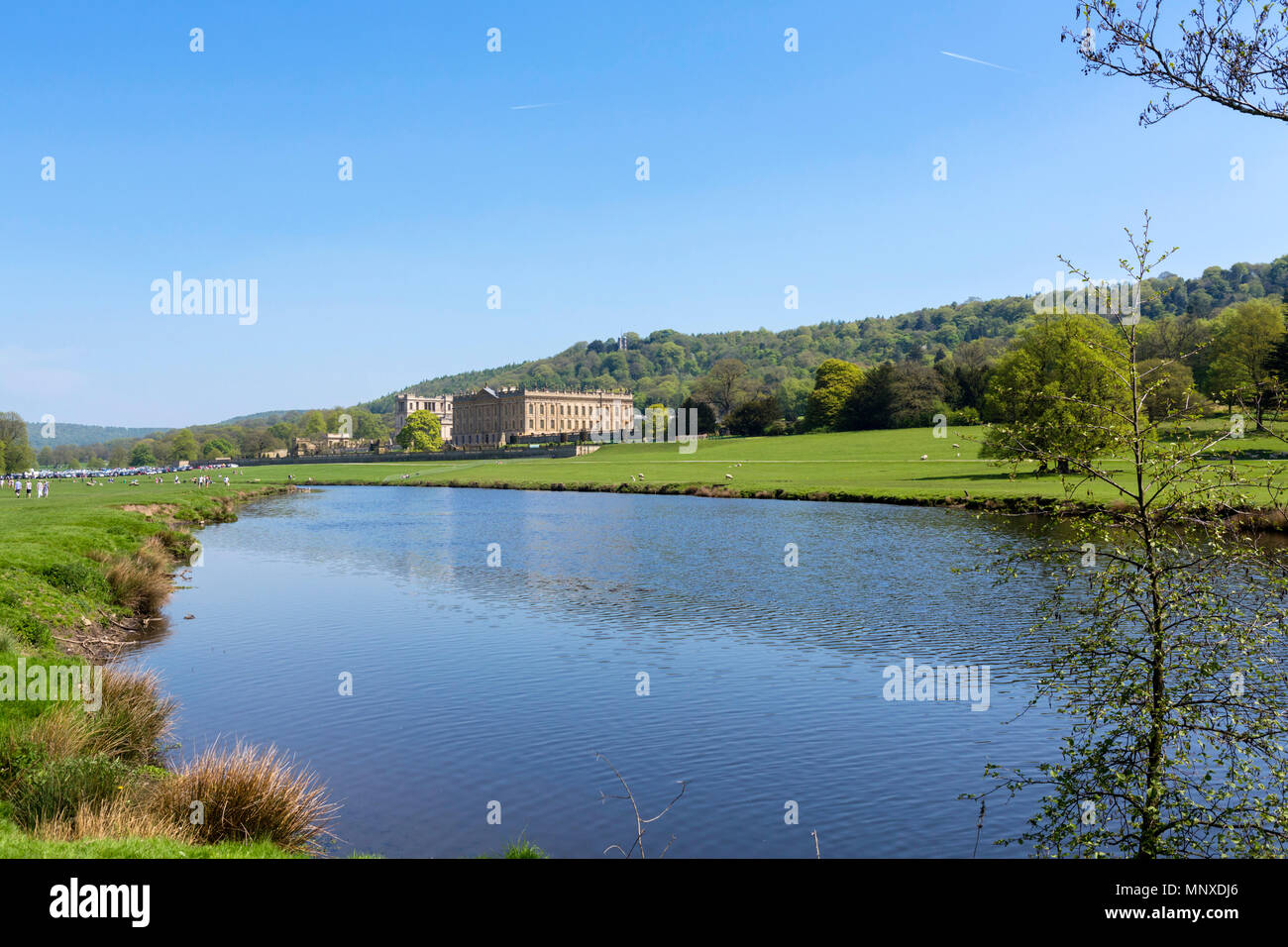 Chatsworth House from the banks of the River Derwent, Chatsworth Park, Derbyshire, England, UK Stock Photo