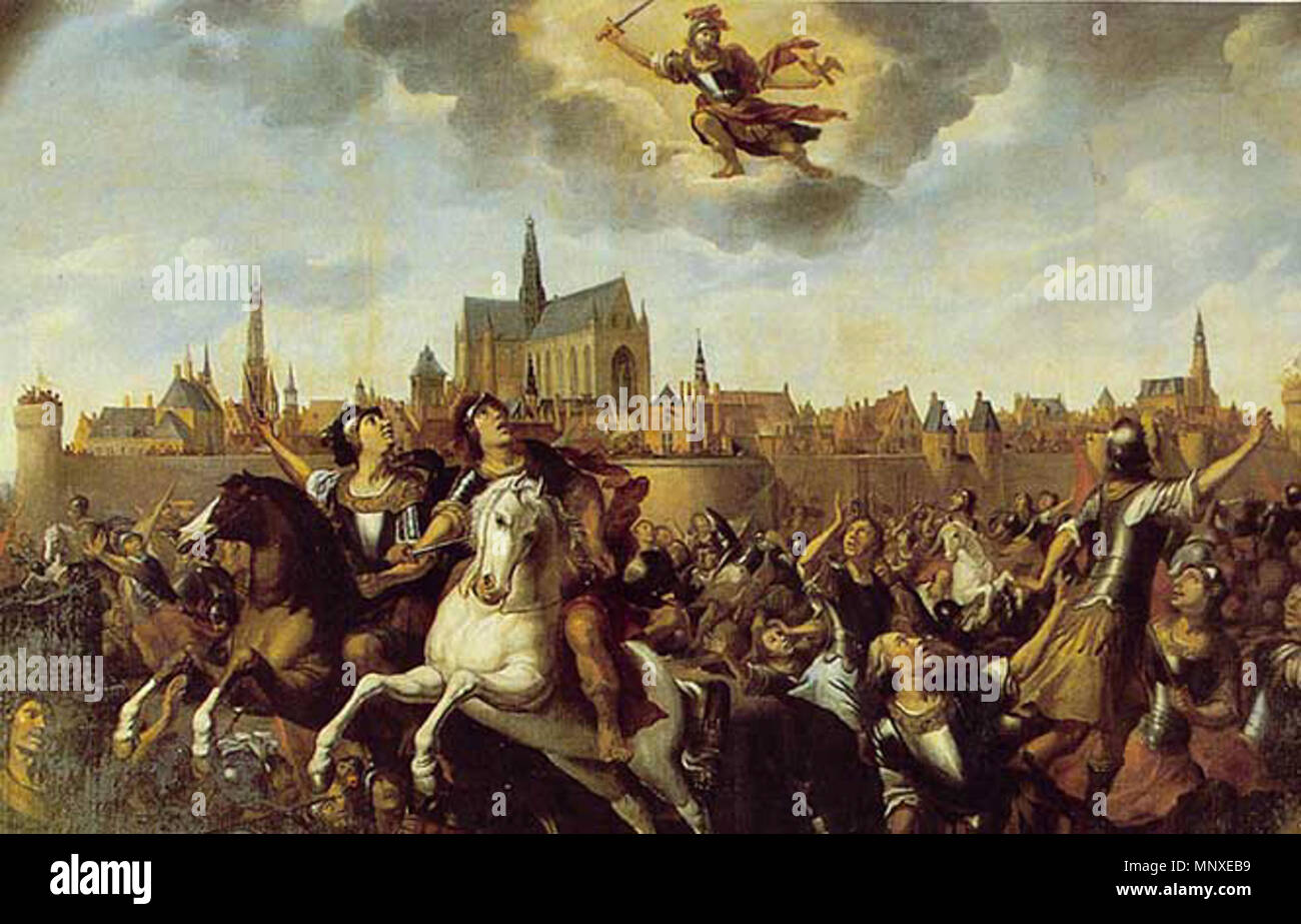 St.Bavo saves Haarlem in 1274, painted in 1673 .  English: Saint Bavo scares off the Kennemmers during their attack on Haarlem in 1274. This painting depicts a Haarlem legend dating from that time. It was painted in 1673 when stories about knights were very popular and Haarlem was eager to show its patron Saint as a courageous knight. This painting shows many similarities with the Santiago Matamoros legend, that gained popularity at about the same time. The painting was commissioned exactly 100 years after the siege of Haarlem. The painting is not historically accurate, since Haarlem was not a Stock Photo