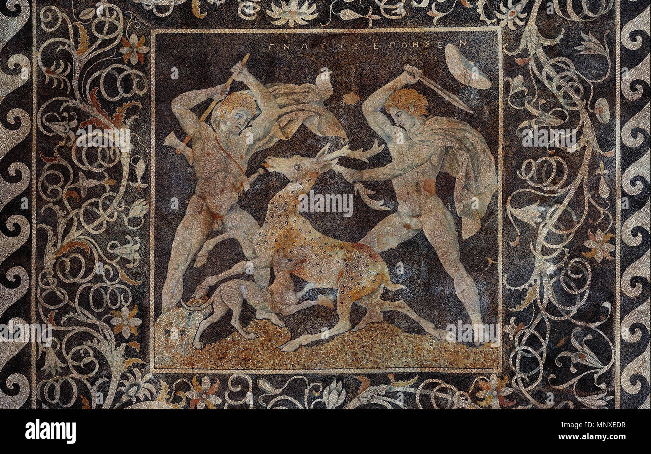 . English: Stag hunt mosaic, Pella, Greece. Français : Mosaïque de la chasse au cerf, Pella, Grèce. The figure on the right is possibly Alexander the Great due to the date of the mosaic along with the depicted upsweep of his centrally-parted hair (anastole); the figure on the left wielding a double-edged axe (associated with Hephaistos) is perhaps Hephaestion, one of Alexander's loyal companions. For further infromation, see Chugg, Andrew (2006). Alexander's Lovers. Raleigh, N.C.: Lulu. ISBN 978-1-4116-9960-1, pp 78-79. 330-300 BCE. Unknown 1139 Stag hunt mosaic, Pella Stock Photo