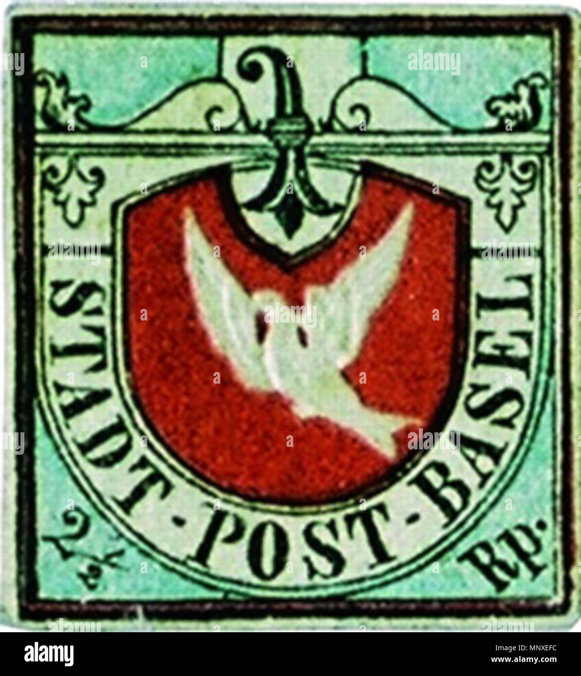. Basler Taube (English: Basel Dove), Swiss stamp of 1845 (Note that this example shows the 'Haube auf Taube' or 'cap on dove' plate error.) . 1845. de:Melchior Berri (1801 - 1854) 1140 Stamp-Basler Taube Stock Photo