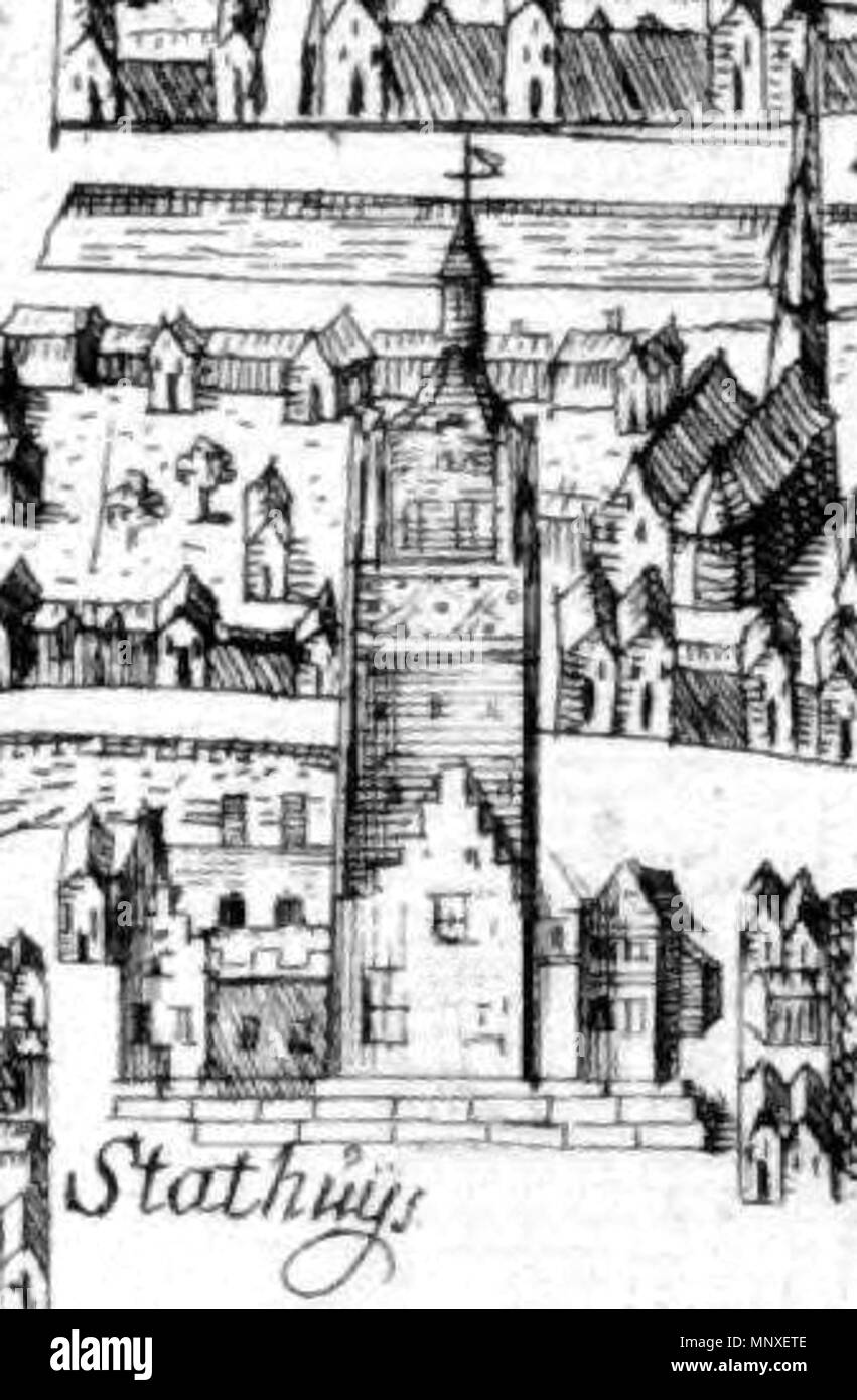 . Stadhuis van Delft ca. 1560. Detail from a map by Reinier Boitet . 1560. Reinier Boitet 1141 Stathuijs van Delft ca 1560 Stock Photo