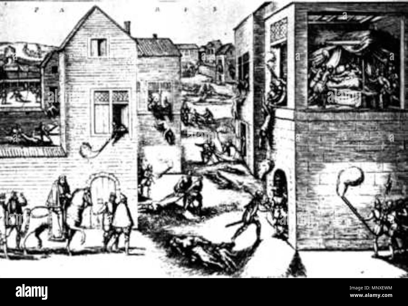 . St. Bartholomew's Day massacre; the attempted assassination of Coligny on the left, the later massacre to the right . circa 1572.   Frans Hogenberg  (before 1540–1590)    Alternative names Franz Hogenberg, Frans Hogenbergh, Frans Hogenberch  Description Flemish engraver and cartographer  Date of birth/death before 1540 1590  Location of birth/death Mechelen Cologne  Work period 1568-1588  Work location Antwerp (1568), London (1568), Cologne (1570-1585), Hamburg (1585-1588), Denmark (1588)  Authority control  : Q959748 VIAF: 100197099 ISNI: 0000 0001 1839 1431 ULAN: 500000956 LCCN: n50043890  Stock Photo