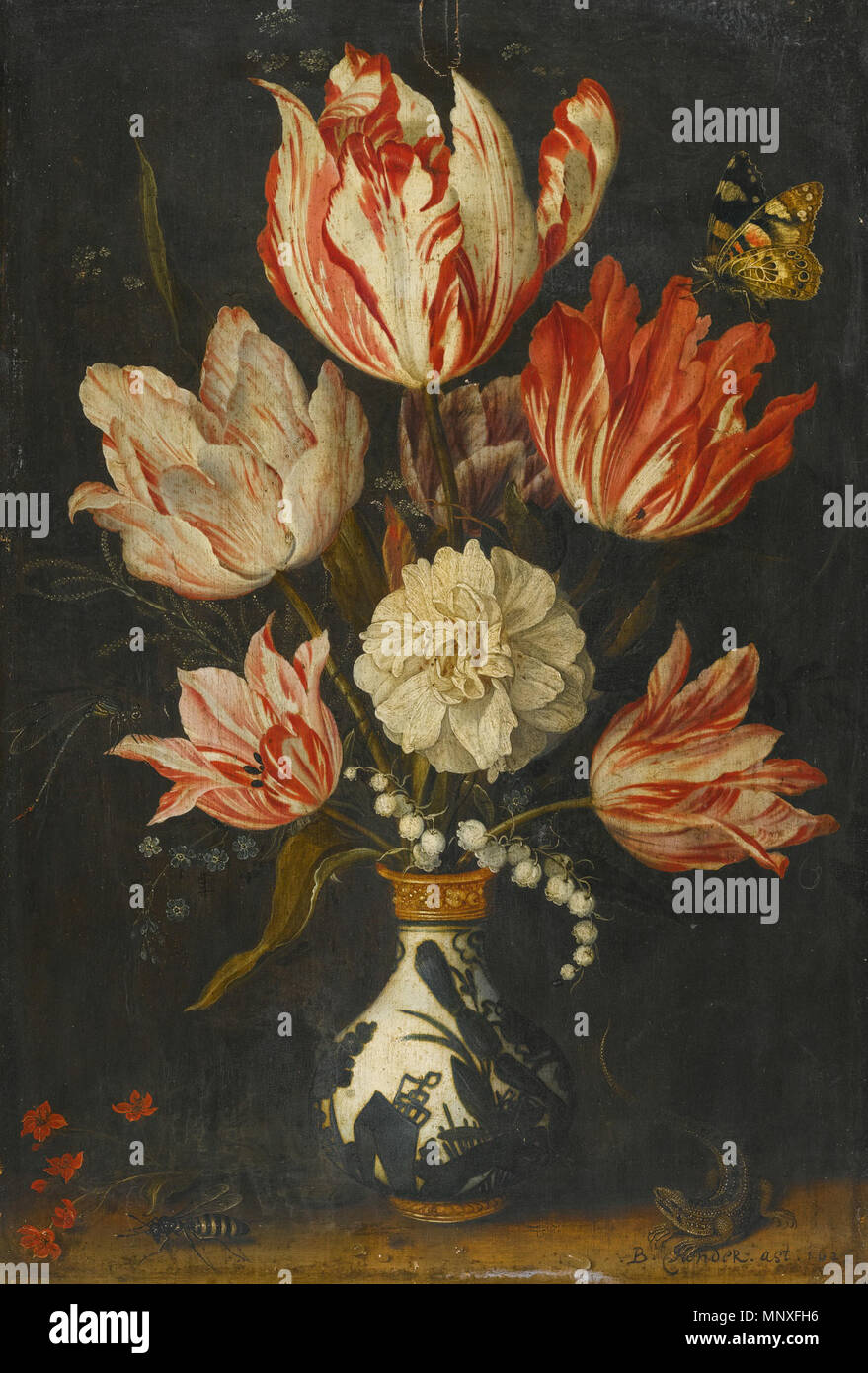. English: Still life of variegated tulips in a ceramic vase, with a ...
