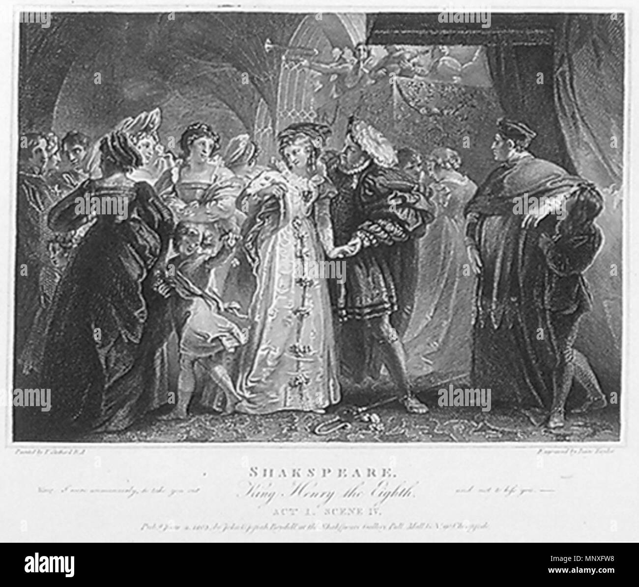 . Henry VIII: Act I, Scene 4: Henry's first sight of Anne Boleyn . 1803. engraving by Isaac Taylor (1730–1807) after painting by Thomas Stothard (1755–1834) 1146 Stothard-HenryAnne Stock Photo