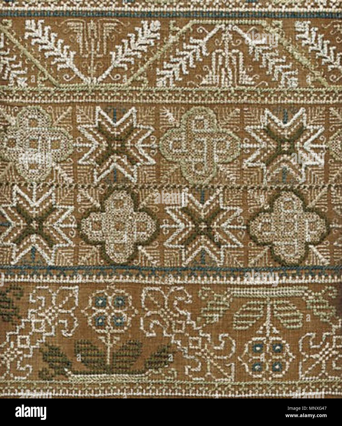 . Detail of needlework band sampler, c. 1660, buff coloured linen worked with an alphabet and endless knot details . circa 1660. signed 'E.S.' (unknown) 1147 Stuart band sampler detail Stock Photo