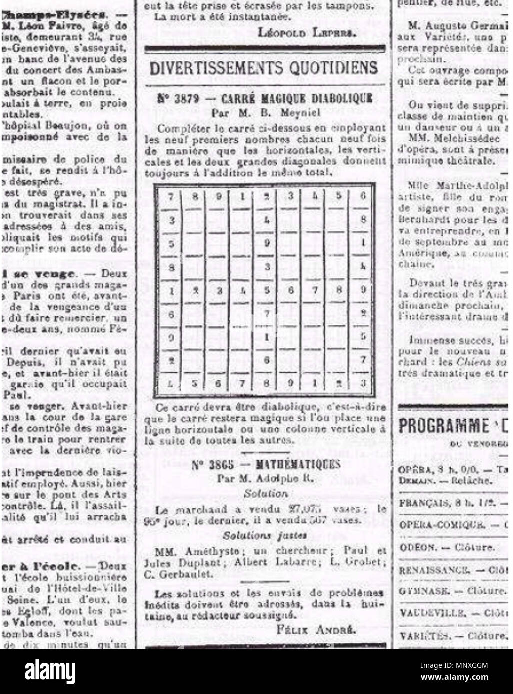 English: A 9x9 magic square from 1895 which also appears to be one of the  earliest known sudokus. Français : Un carré magique de 9x9 datant de 1895  qui a aussi