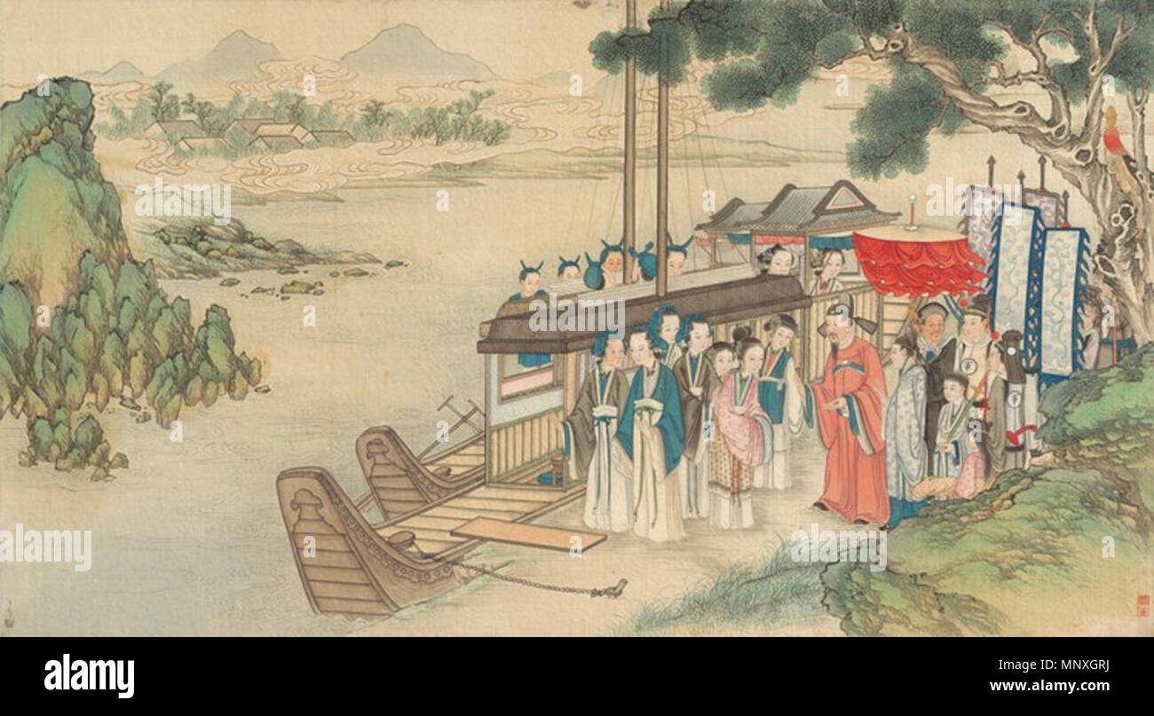 English: A painting from a series of brush paintings by Qing Dynasty artist Sun Wen, depicting scenes from the novel Dream of the Red Chamber.   19th century.   1151 Sun Wen Red Chamber 6 Stock Photo