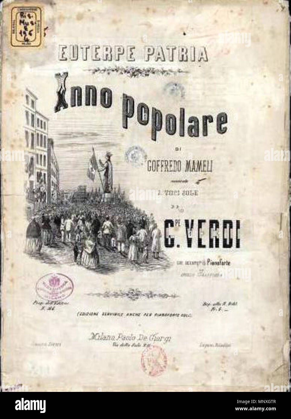 . English Cover of the score for Giuseppe Verdi's secular hymn 'Suona
