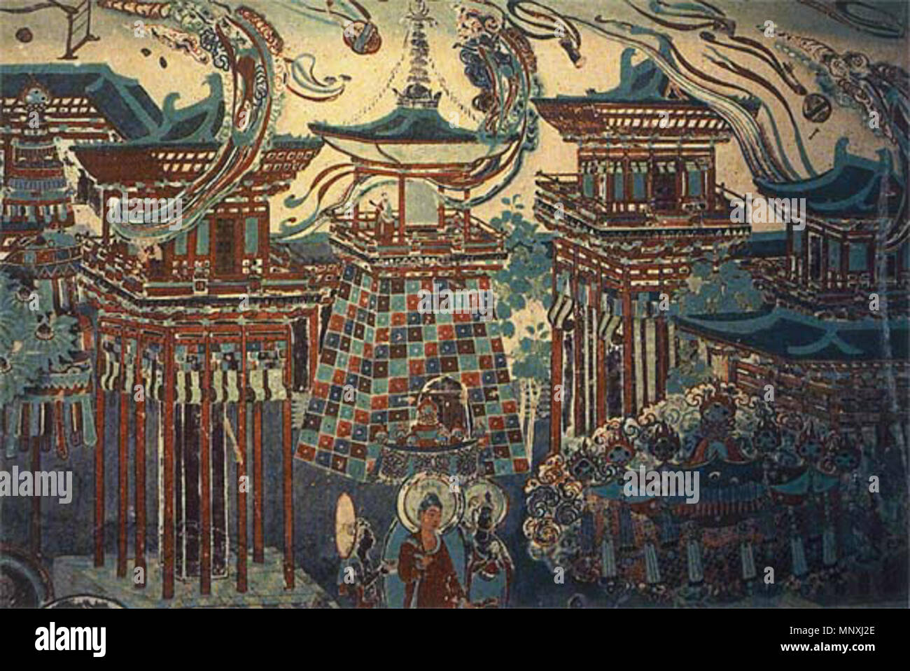 . English: Architecture of the T'ang Dynasty from a Buddhist fresco in Mo-kao Caves. T'ang Dynasty. Unknown artist of T'ang Dynasty 1157 T'ang Architecture in the Mo-kao Fresco 1 Stock Photo