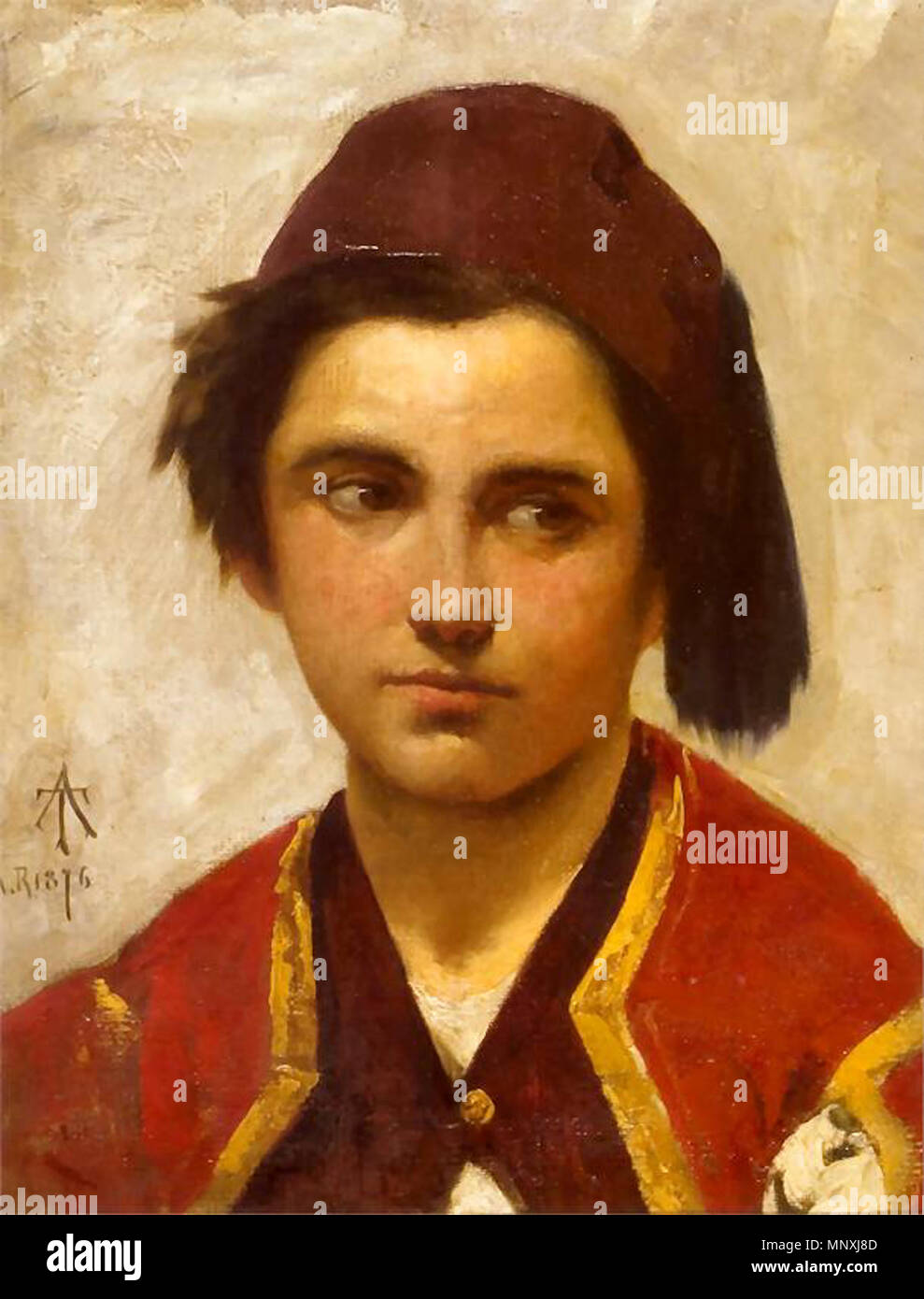 . Polski: CPortret chłopca w fezie (Studium chłopca w fezie), 1876. Olej na płótnie. 44 x 37,7 cm. Muzeum Narodowe w Krakowie. 1876. Tadeusz Ajdukiewicz (1852–1916) Description Polish painter Date of birth/death 1852 9 January 1916 Location of birth/death Wieliczka Kraków Work location Vienna Authority control : Q981439 VIAF: 250677006 ISNI: 0000 0003 7120 1179 ULAN: 500002077 GND: 143836056 RKD: 767 1158 Tadeusz Ajdukiewicz Chlopiec w fezie Stock Photo