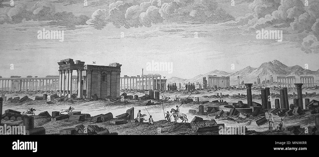 English: The Temple of Baalshamin in Palmyra in an engraving by Robert Wood,  1753. Image taken from Robert Wood's The Ruins of Palmyra, otherwise  Tadmor, in the desart (London, 1753) [NA335.P2