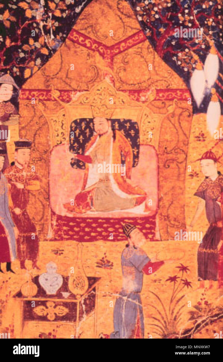 . English: Temujin proclaimed Chinggis Khan, from a manuscript of Rashid al-Din. Attended by courtiers, and sons Jochi and Ogedei stand on the right . 13-14 Century. Rashid al-Din 1164 Temujin proclaimed Chinggis Khan, from a manuscript of Rashid al-Din. Attended by courtiers, and sons Jochi and Ogedei stand on the right Stock Photo