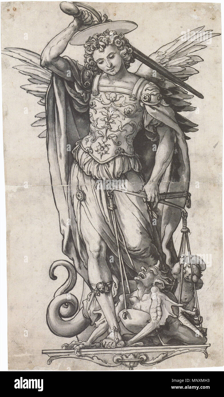 . English: The Archangel Michael Weighing Souls. Pen and ink and brush, grey wash, 38.8 × 22.8 cm, Kunstmuseum Basel. In this drawing based partly on the engraving The Archangel Gabriel by Agostino Veneziano, Holbein shows the devil trying to usurp the scales against the Christ Child, with Gabriel raising his sword to strike him (Müller, 286). c.1523.   Hans Holbein  (1497/1498–1543)       Alternative names Hans Holbein der Jüngere, Hans Holbein  Description German painter and draughtsman  Date of birth/death 1497 or 1498 between 7 October 1543 and 29 November 1543  Location of birth/death Aug Stock Photo