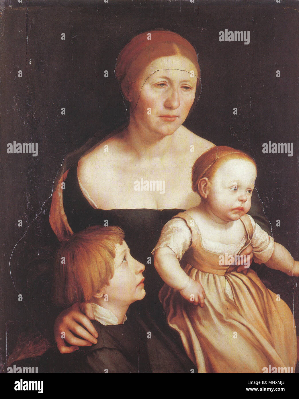 The Artist's Family . English: The artist's family. Oil and tempera on paper, subsequently cut out and mounted on wood, 76.8 × 64 cm. Kunstmuseum, Öffentliche Kunstsammlung, Basel. The portrait was most probably painted shortly after Holbein's return to Basel from England in 1528. Based on an entry in the Amerbach inventory of 1587, it is believed to show his wife, Elsbeth (born Binzenstock, and previously wife of the deceased tanner Ulrich Schmid), whom he had married in 1519. Also in the picture are his two eldest children, Philipp, born around 1522, and Katherina, born around 1526. Holbein Stock Photo
