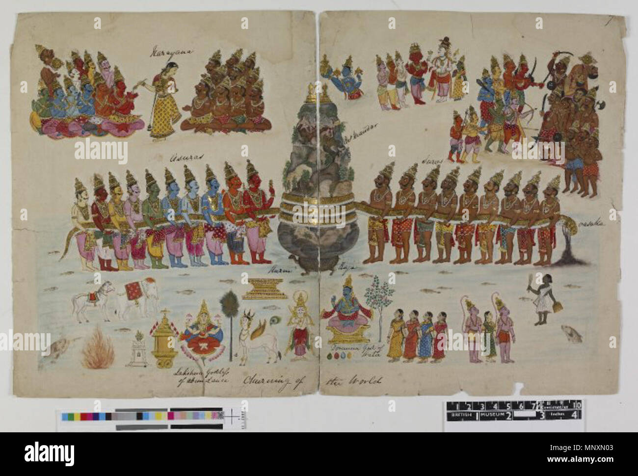 . English: Gouache painting on paper from a portfolio of sixty-three paintings of deities and daily life. Painting on two sheets of paper (taped together) depicting The Churning of the Milky Ocean. In the centre of the page is mount Mandara with a serpant coiled around, being used to churn the ocean to release the Amrita (nectar of immortality) and other precious objects. Other deities are shown surrounding this central scene. circa 1820. Company School 1170 The Churning of the Milky Ocean Stock Photo