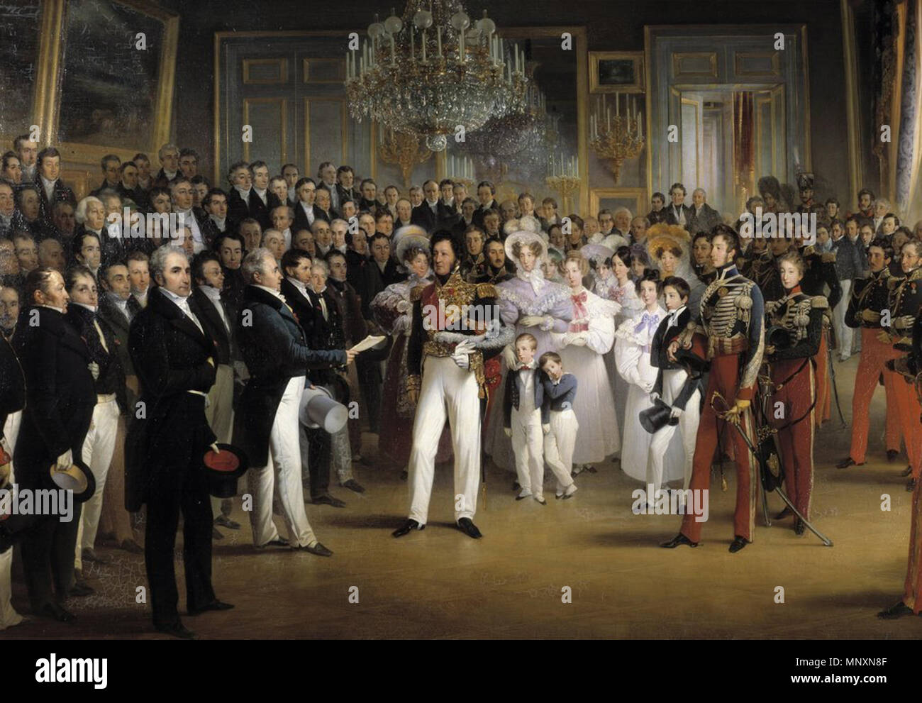 . English: The members of the Chamber of Deputies are received at the Palais Royal by the duke of Orleans and his family, Paris 7th August 1830 . 2 January 2018. Francois Joseph Heim 1172 The Duke of Orleans receives at the Palais Royal the members of the Chambers of Deputies, 7 August 1830 Stock Photo