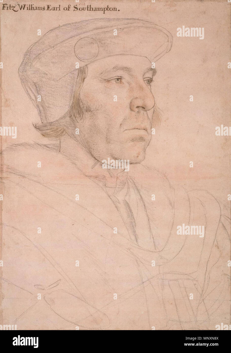 . English: Portrait of William FitzWilliam, 1st Earl of Southampton. Black and coloured chalks, metalpoint, on pink-primed paper, 38.8 × 27.4 cm, Royal Collection, Windsor Castle. The retracing of outlines with metalpoint seems to have been done when transferring the design to a panel for painting. No painting of FitzWilliam by Holbein himself survives, but a copy of a full-length portrait of the sitter, purporting to date from 1542, is in the Fitzwilliam Museum, Cambridge. Art historian K. T. Parker, in his study of the Windsor drawings, judged the sketch as 'one of the most impressive and pu Stock Photo