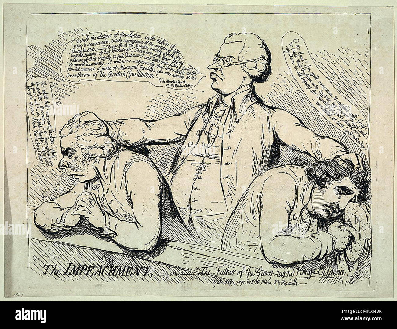 . TITLE: The impeachment, or 'The father of the gang turned Kings evidence' SUMMARY: Print shows Edmund Burke standing behind and with his hands on the heads of Richard B. Sheridan and Charles James Fox who bow before him over a railing, perhaps before Parliament. Burke says, 'Behold the abettors of Revolutions, see the authors of Plots & conspiracies, & take cognizance of the enemies of both Church & State ... who are aiming at the Overthrow of the British Constitution.' MEDIUM: 1 print : etching. CREATED/PUBLISHED: [London] : Pubd. by S.W. Fores, No. 3 Piccadilly, 1791 May. CREATOR: Gillray, Stock Photo